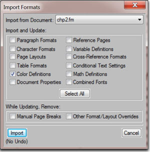 FrameMaker's Import Formats dialog box.