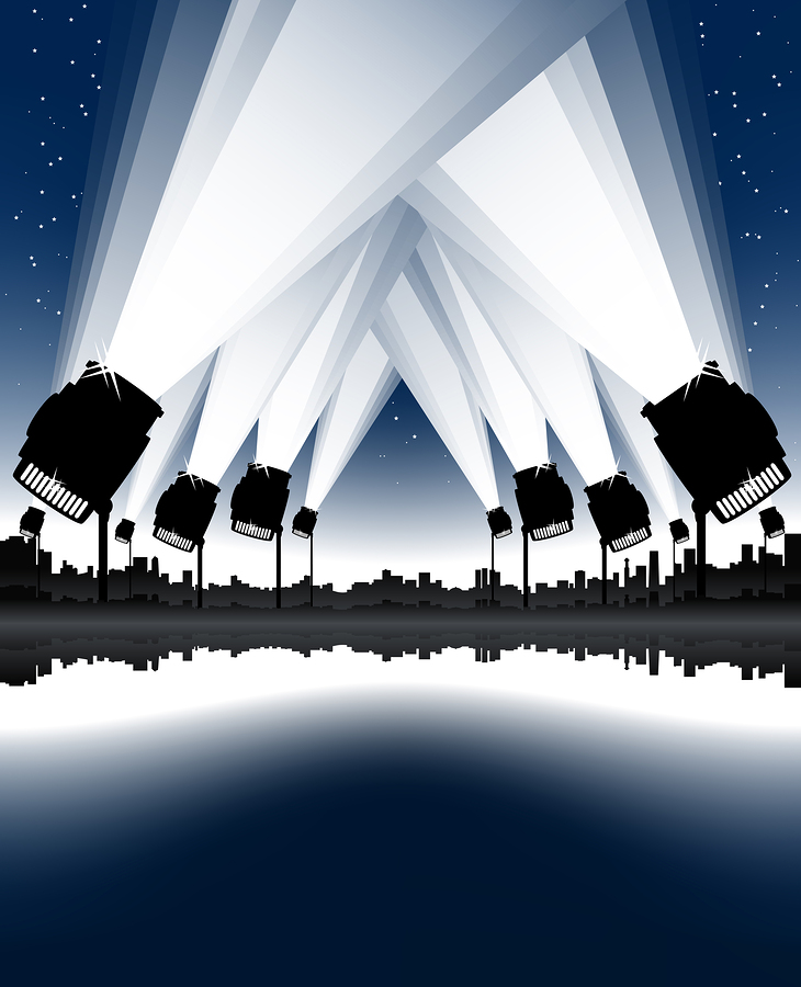 vector illustration of an urban cityscape and skyline with sea bay and spotlights in the sky. night sky with stars.