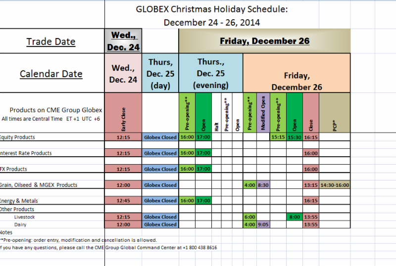 Globex Christmas Holiday Schedule