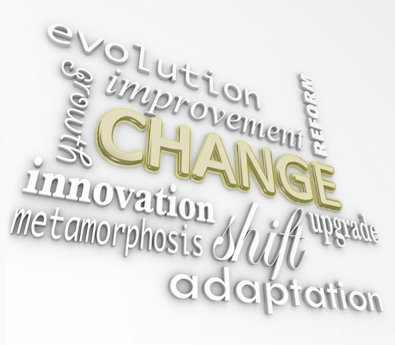 The word Change in gold 3D letters and other words that symbolize changing in order to achieve...