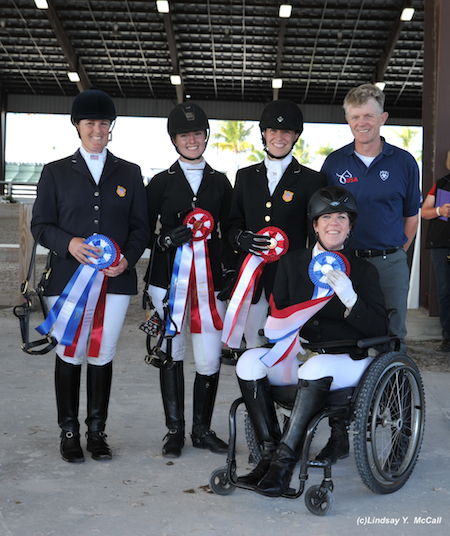 USA Para-Dressage Team at the Adequan Global Dressage Festival CPEDI3* March 15, 2014. (Left to Right: Mary Jordan (Grade IV), Angelea Peavy (Grade III), Rebecca Hart (Grade II), Chef D'Equipe Kai Handt, and Roxanne Trunnell (Grade Ia). Photo by Lindsay McCall.