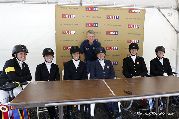 Top U.S. Para-Equestrian Dressage athletes (Left to Right) Sydney Collier, Angela Peavy, Ashleigh Flores-Simmons, Susan Treabess, Rebecca Hart, Roxanne Trunnell with U.S. Technical Advisor/ Chef d'Equipe Kai Handt. Photo copyright SusanJStickle.com. Photo is taken in Gladstone, NJ at  the 2014 USEF Para-Equestrian Dressage National Championship/ Selection Trial for the Alltech FEI World Equestrian Games™ (WEG).