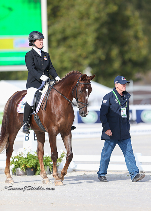 Roxanne Trunnell aboard Nice Touch at the 2014 Alltech FEI World Equestrian Games. Also in the photo is U.S. Chef D'Equipe Kai Handt. Photo (c) SusanJStickle.com