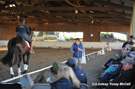 Clive Milkins speaks with the auditors and riders while Dennis Callin coaches Susan Treabess. Collaborative Coaching. Photo by Lindsay Y McCall